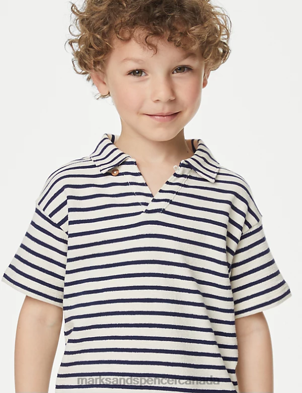 Marks and Spencer Canada - Kids Navy Mix Clothing Marks & Spencer Pure Cotton Textured Striped T-Shirt 20VTD8551