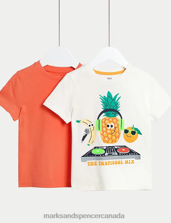 Kids Orange Mix Clothing Marks & Spencer 2pk Pure Cotton Pineapple & Plain T-Shirts 20VTD8106 - Marks and Spencer outlet