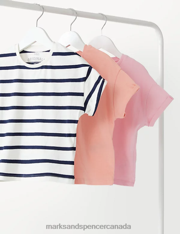 Marks and Spencer near me - Kids Pink Mix Clothing Marks & Spencer 3pk Pure Cotton Plain & Striped T-Shirts 20VTD8040