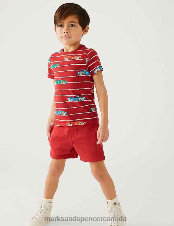 Kids Red Mix Clothing Marks & Spencer Pure Cotton Car T-Shirt 20VTD8148 - Marks and Spencer outlet