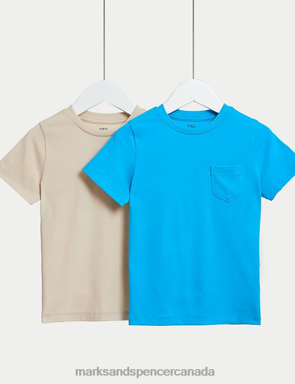 Kids Turquoise Mix Clothing Marks & Spencer 2pk Pure Cotton Plain T-Shirts 20VTD8332 - Marks and Spencer outlet