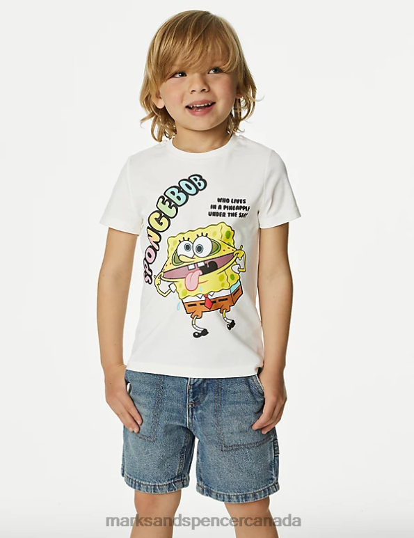 Marks and Spencer Canada - Kids White Mix Clothing Marks & Spencer Pure Cotton Spongebob Squarepants Print T-shirt 20VTD8383