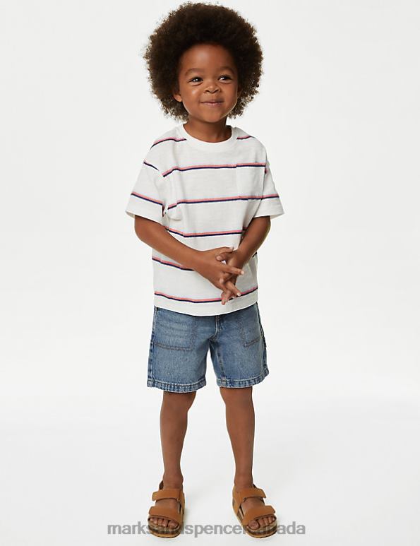 Marks and Spencer Canada - Kids White Mix Clothing Marks & Spencer Pure Cotton Striped T-Shirt 20VTD8187