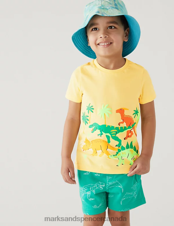 Kids Yellow Clothing Marks & Spencer Pure Cotton Dinosaur Print T-Shirt 20VTD8030 - Marks and Spencer outlet