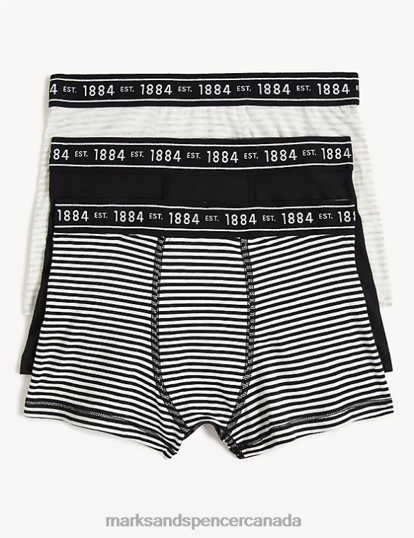 Marks and Spencer Canada - Kids Black Mix Clothing Marks & Spencer 3pk Cotton Rich Striped & Plain Trunks 20VTD8013