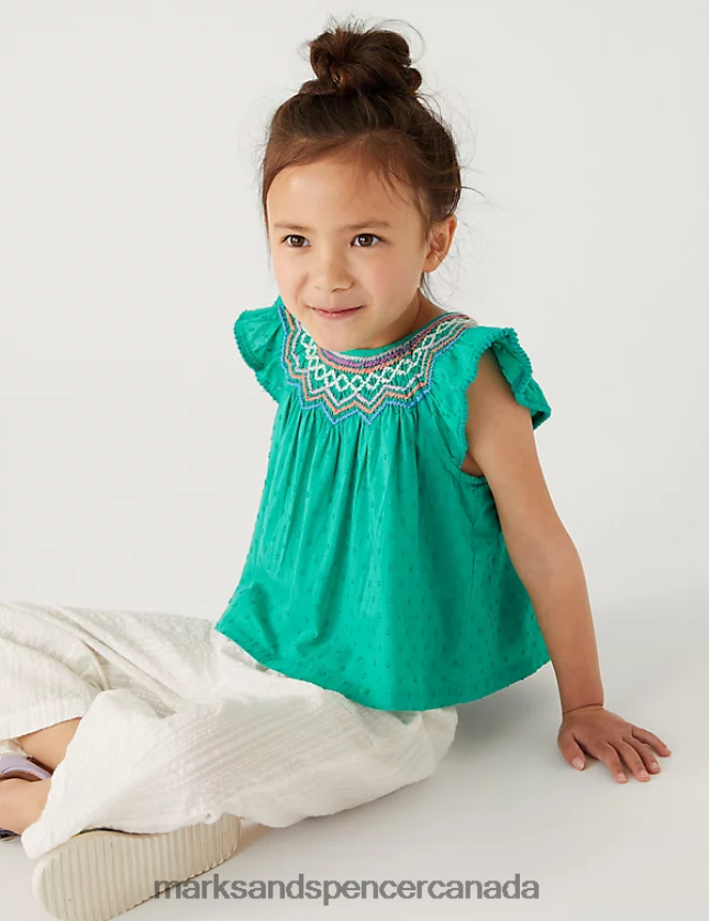 Clothing 20VTD9918 Bright Jade Kids Marks & Spencer Pure Cotton Embroidered Top - Marks and Spencer Canada locations