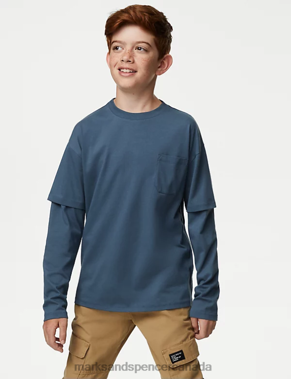 Kids Air Force Blue Clothing Marks & Spencer Pure Cotton Mock Sleeve Top 20VTD8278 - Marks and Spencer Canada locations