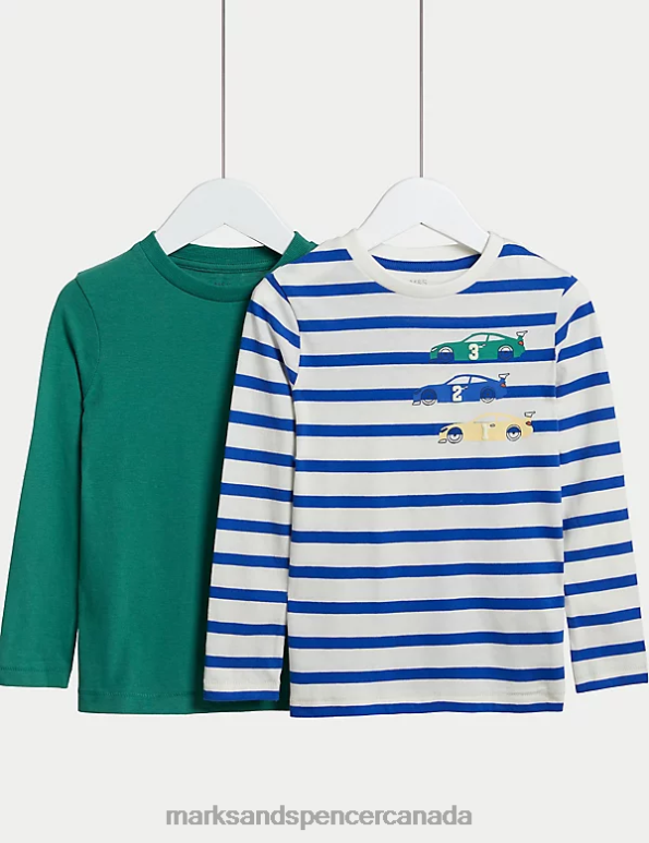 Kids Blue Mix Clothing Marks & Spencer 2pk Pure Cotton Striped & Plain Tops 20VTD7858 - Marks and Spencer online