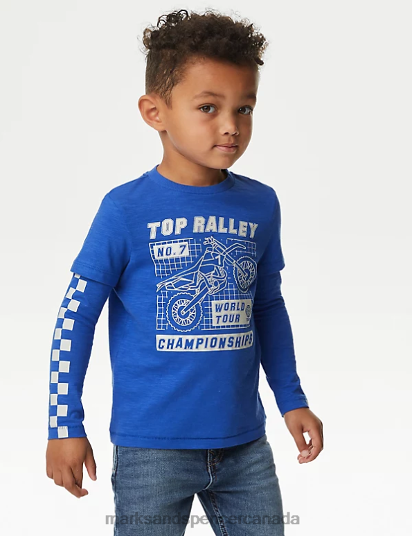 Kids Blue Mix Clothing Marks & Spencer Pure Cotton Motorbike Graphic Top 20VTD7834 - Marks and Spencer outlet