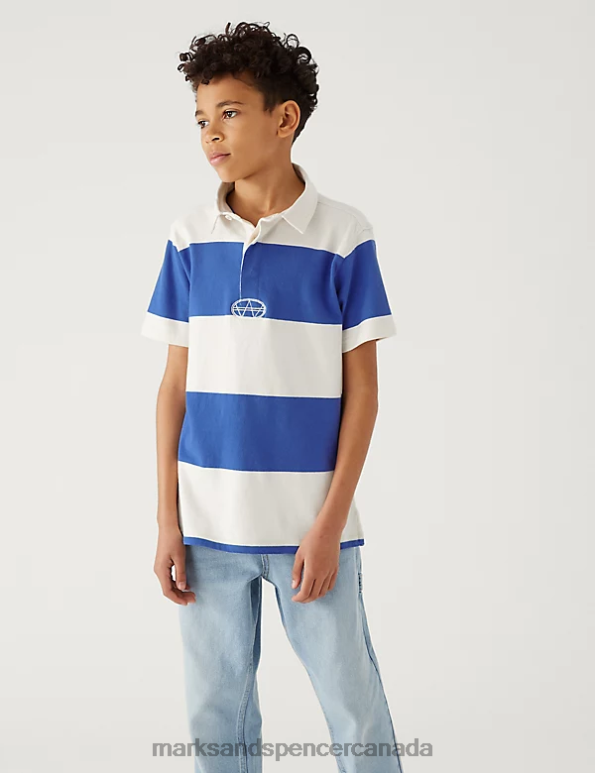 Kids Blue Mix Clothing Marks & Spencer Pure Cotton Striped Rugby Shirt 20VTD8641 - Marks and Spencer outlet