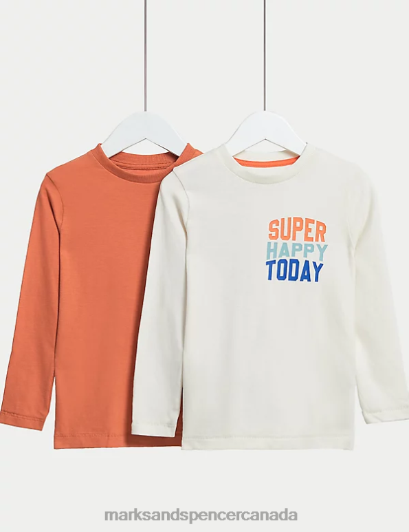 Kids Calico Mix Clothing Marks & Spencer 2pk Pure Cotton Happy Slogan & Plain Tops 20VTD7888 - Marks and Spencer outlet