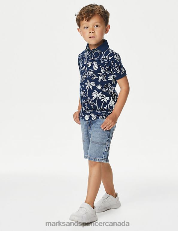 Kids Indigo Mix Clothing Marks & Spencer Pure Cotton Tropical Print Polo Shirt 20VTD8114 - Marks and Spencer outlet