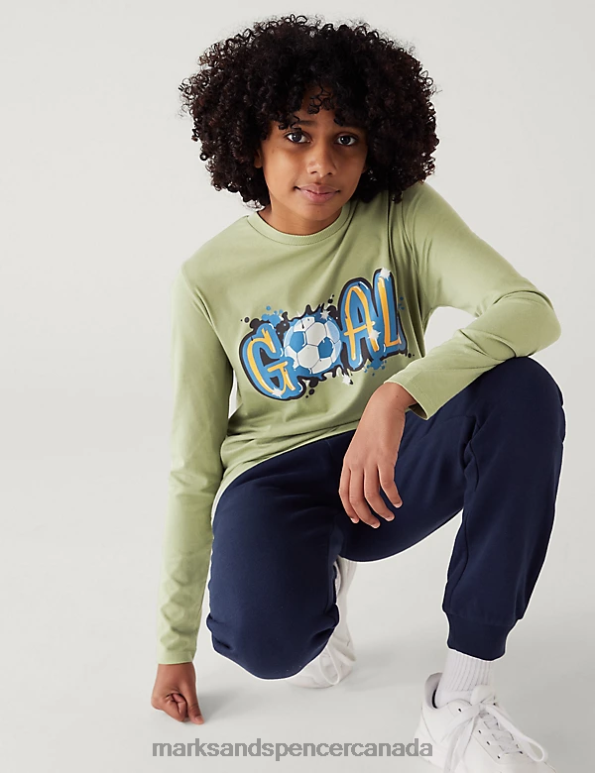 Kids Light Olive Clothing Marks & Spencer Pure Cotton Goal Graphic Top 20VTD8529 - Marks and Spencer online