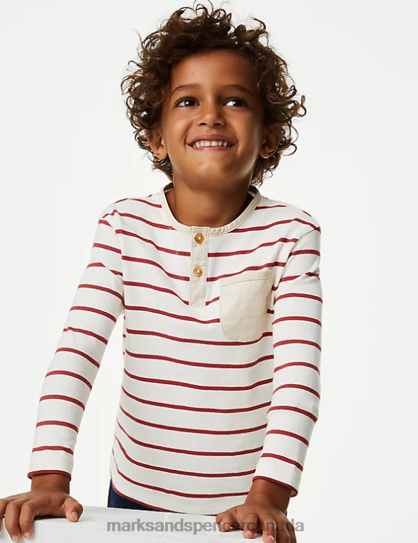 Marks and Spencer sale - Kids Red Mix Clothing Marks & Spencer Pure Cotton Breton Striped Henley Top 20VTD7848