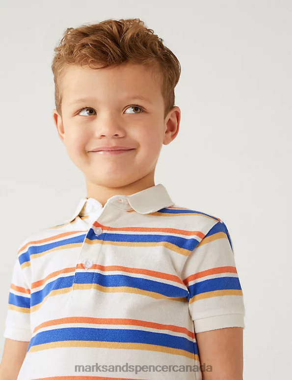 Kids White Mix Clothing Marks & Spencer Pure Cotton Striped Polo Shirt 20VTD8199 - Marks and Spencer Canada locations