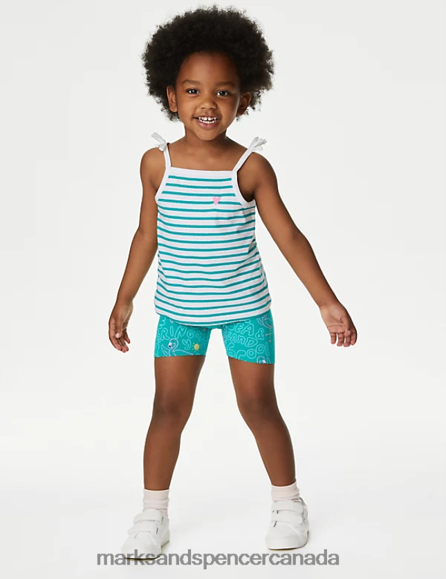 Clothing 20VTD9545 Green Kids Marks & Spencer Cotton Rich Striped Top & Bottom Outfit - Marks and Spencer outlet