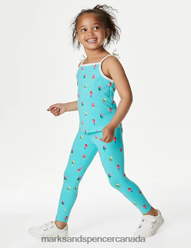 Marks and Spencer Canada - Clothing 20VTD9558 Bright Aqua Kids Marks & Spencer Cotton Rich Printed Top & Bottom Outfit