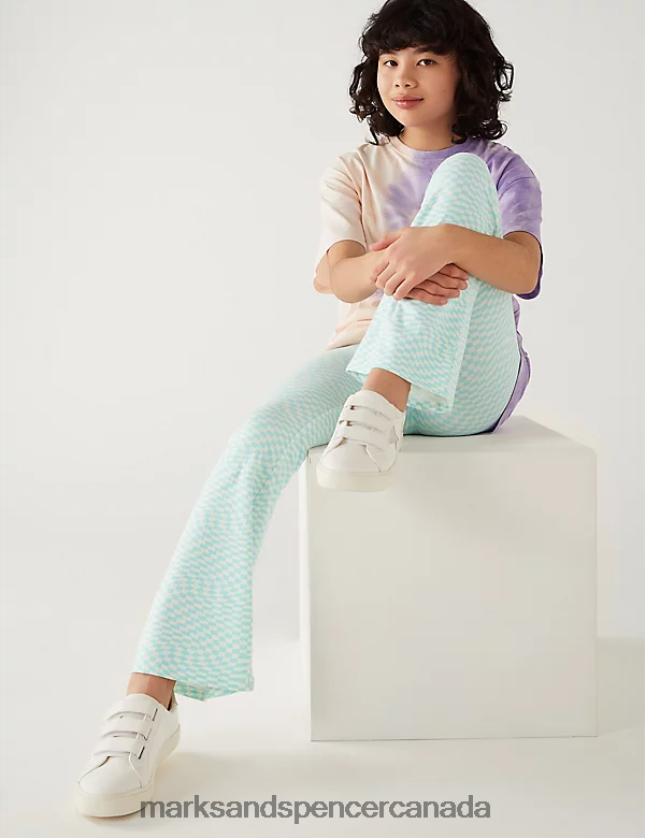 Marks and Spencer Canada - Clothing 20VTD9818 Aqua Mix Kids Marks & Spencer Cotton Rich Checkerboard Flared Leggings