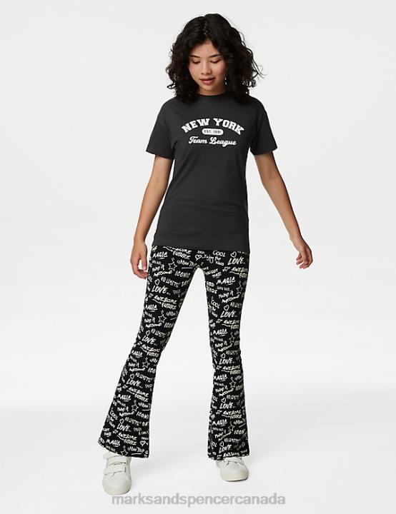 Marks & Spencer Kids Cotton Rich Slogan Print Flared Leggings Clothing Black Mix 20VTD9036 - Marks and Spencer Canada locations