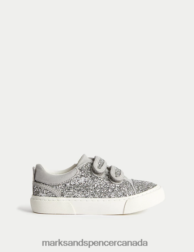 Marks and Spencer sale - Footwear 20VTD9295 Silver Kids Marks & Spencer Glitter Riptape Freshfeet Trainers 4 Small - 13 Small)