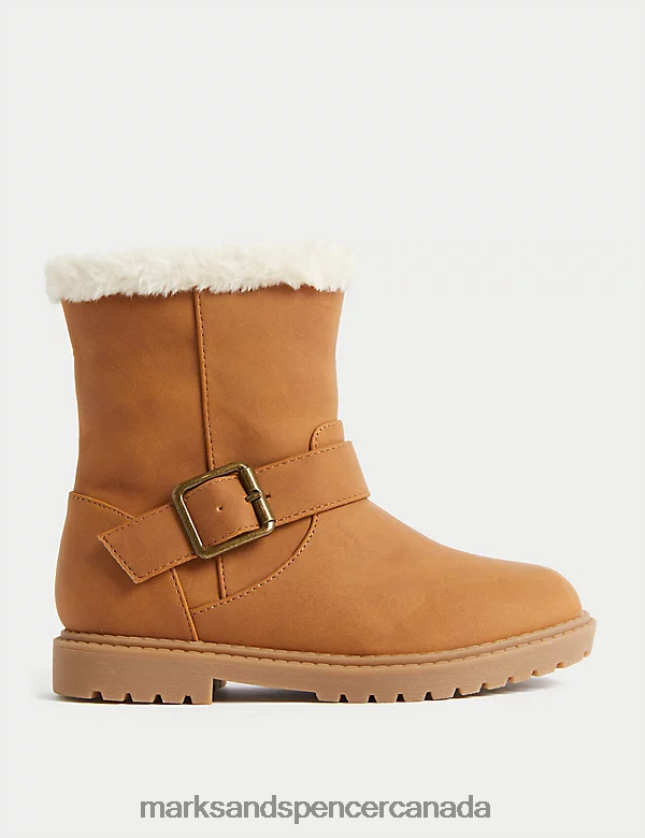 Footwear 20VTD9947 Tan Kids Marks & Spencer Faux Fur Lined Buckle Ankle Boots - Marks and Spencer Canada locations