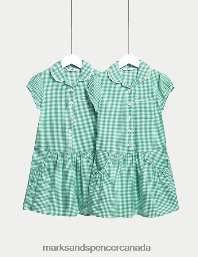 School Uniform 20VTD9232 Green Kids Marks & Spencer 2pk Cotton Gingham School Dresses - Marks and Spencer outlet