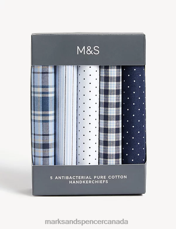 Marks and Spencer Canada - Men Blue Mix Accessories Marks & Spencer 5pk Antibacterial Pure Cotton Handkerchiefs 20VTD5146