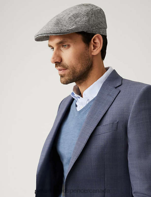 Men Black Mix Accessories Marks & Spencer Linen Blend Dogstooth Flat Cap 20VTD5377 - Marks and Spencer online