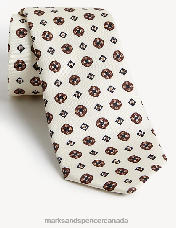 Men Beige Accessories Marks & Spencer Geometric Print Italian Pure Silk Tie 20VTD4974 - Marks and Spencer outlet