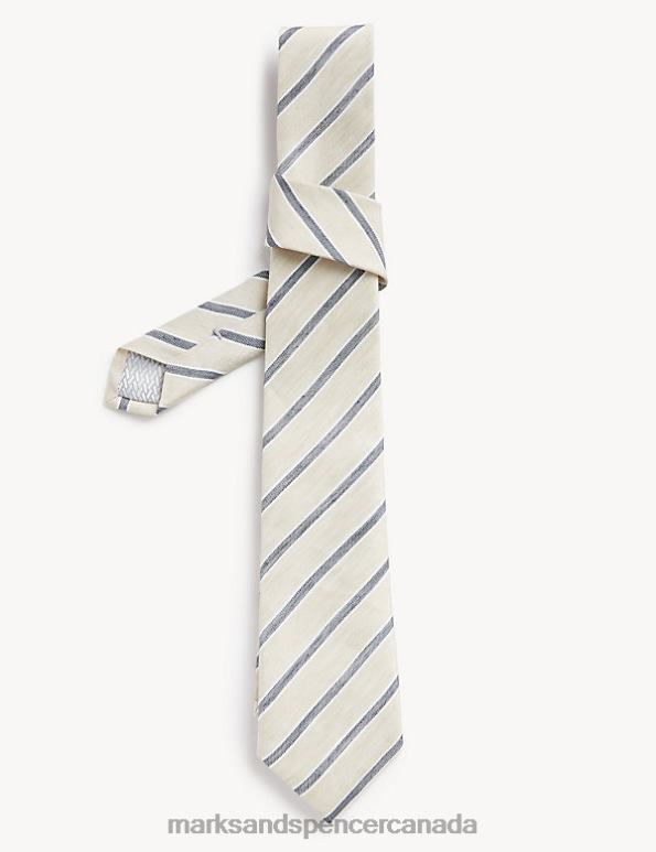 Marks and Spencer Canada - Men Beige Accessories Marks & Spencer Italian Linen and Cotton Striped Tie 20VTD7193