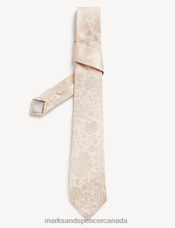 Men Beige Accessories Marks & Spencer Slim Floral Italian Pure Silk Tie 20VTD7198 - Marks and Spencer online