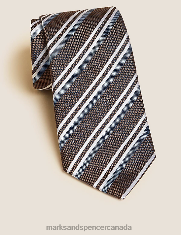 Men Brown Mix Accessories Marks & Spencer Striped Pure Silk Tie 20VTD7070 - Marks and Spencer online