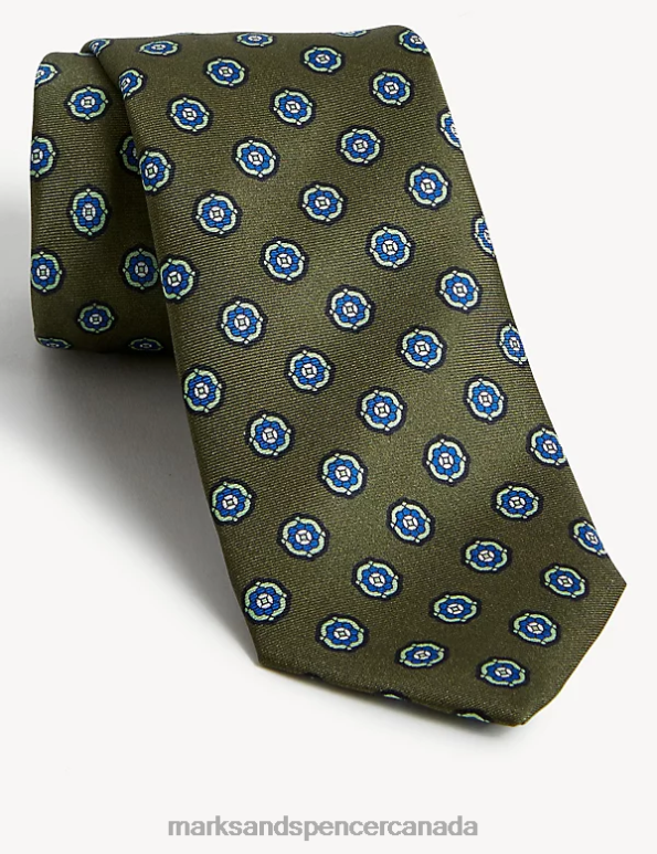 Men Green Accessories Marks & Spencer Pure Silk Printed Medallion Tie 20VTD5835 - Marks and Spencer Canada locations