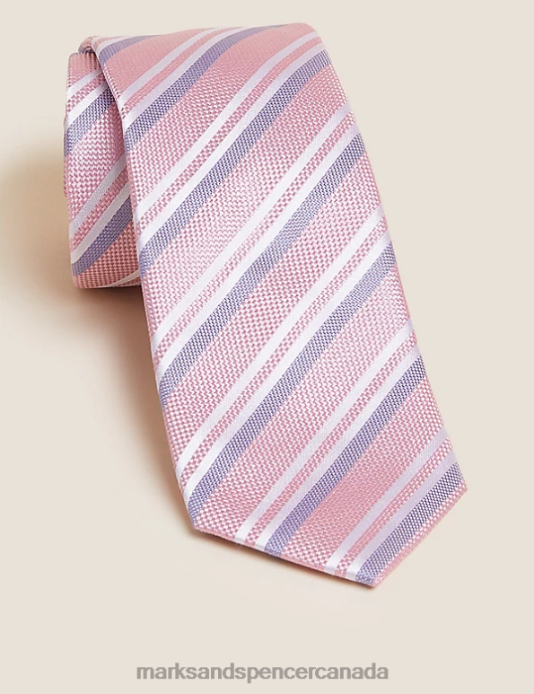 Marks and Spencer Canada - Men Pink Mix Accessories Marks & Spencer Striped Pure Silk Tie 20VTD6710