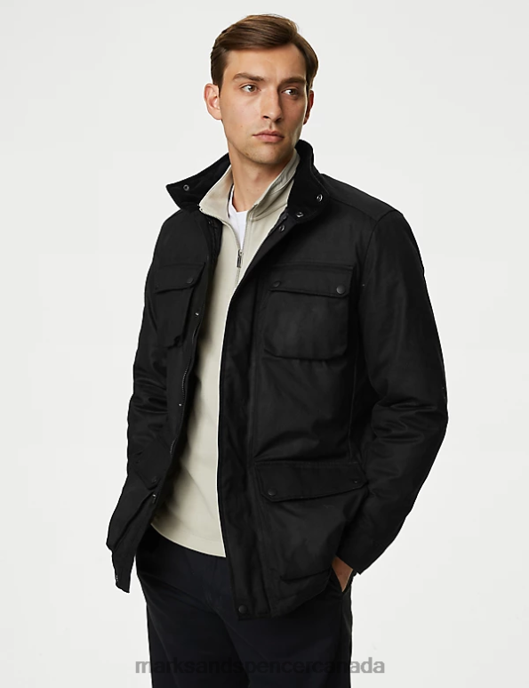 Men Black Clothing Marks & Spencer Pure Cotton Wax Parka Jacket with Stormwear 20VTD4953 - Marks and Spencer Canada locations