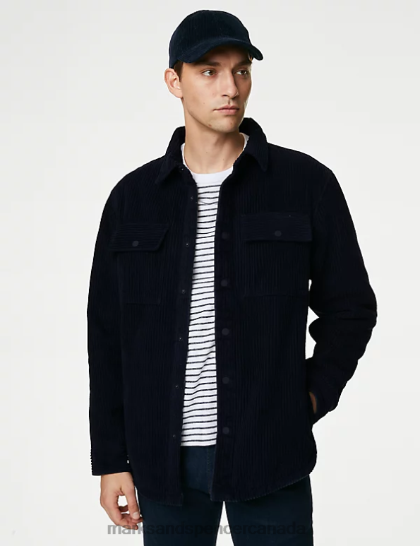 Men Dark Navy Clothing Marks & Spencer Pure Cotton Corduroy Borg Lined Shacket 20VTD6732 - Marks and Spencer outlet