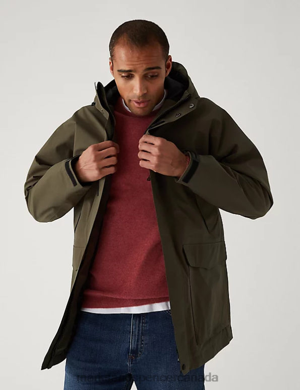 Men Green Clothing Marks & Spencer Hooded Parka Jacket with Stormwear 20VTD5514 - Marks and Spencer Canada locations