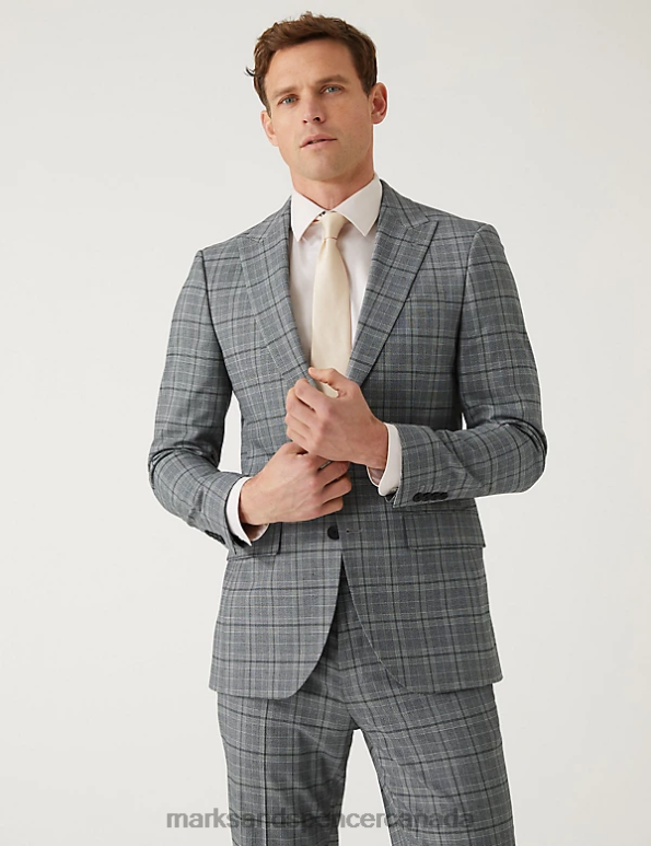 Men Grey Clothing Marks & Spencer Slim Fit Prince of Wales Check Suit Jacket 20VTD6039 - Marks and Spencer Canada locations