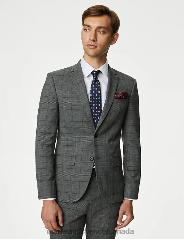 Marks and Spencer Canada - Men Grey Mix Clothing Marks & Spencer Skinny Fit Check Stretch Suit Jacket 20VTD4980