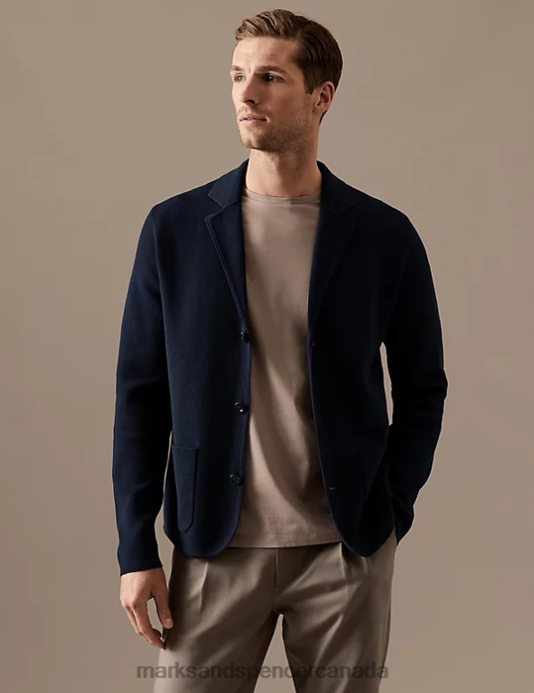 Men Navy Clothing Marks & Spencer Cotton Modal Blend Knitted Blazer 20VTD4772 - Marks and Spencer outlet