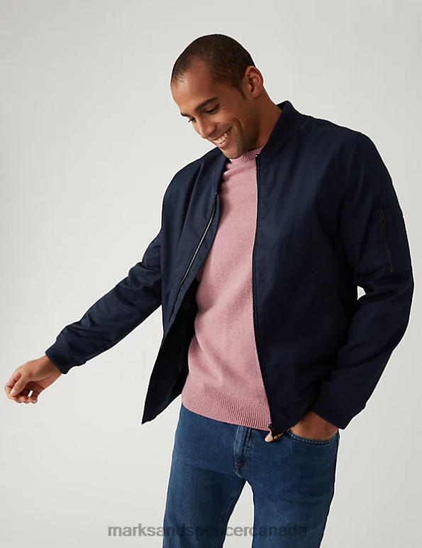 Men Navy Clothing Marks & Spencer Cotton Rich Bomber Jacket 20VTD4978 - Marks and Spencer outlet