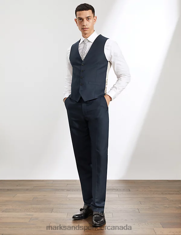 Men Navy Clothing Marks & Spencer Tailored Fit Silk Rich And Linen Waistcoat 20VTD6387 - Marks and Spencer outlet