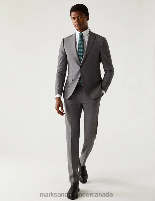 Men Silver Grey Clothing Marks & Spencer Skinny Fit Sharkskin Suit Jacket with Stretch 20VTD5599 - Marks and Spencer online