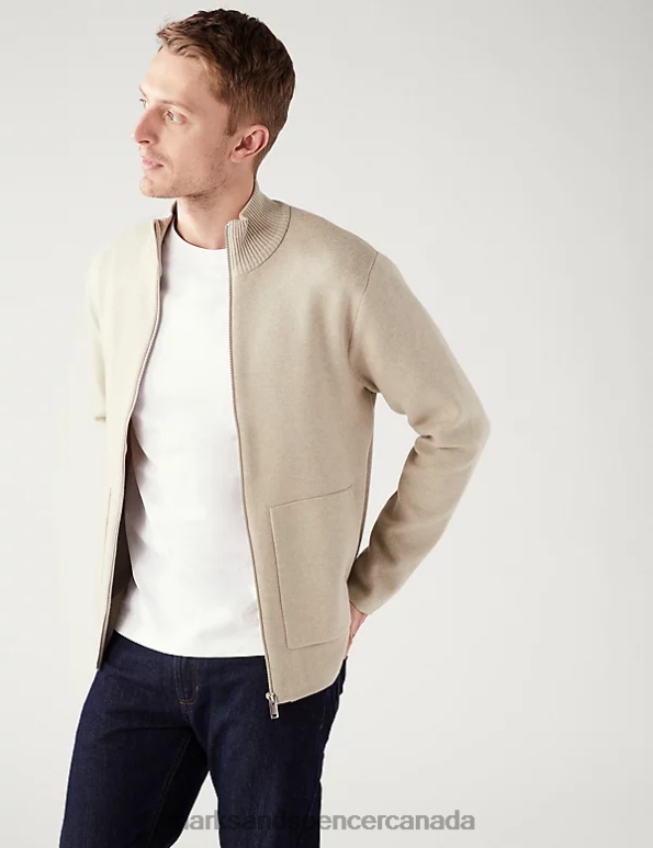 Marks and Spencer sale - Men Stone Clothing Marks & Spencer Cotton Blend Ribbed Zip Up Knitted Jacket 20VTD6919