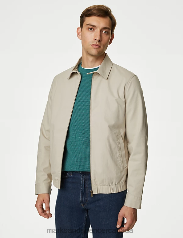 Men Stone Clothing Marks & Spencer Cotton Rich Harrington Jacket 20VTD5147 - Marks and Spencer outlet