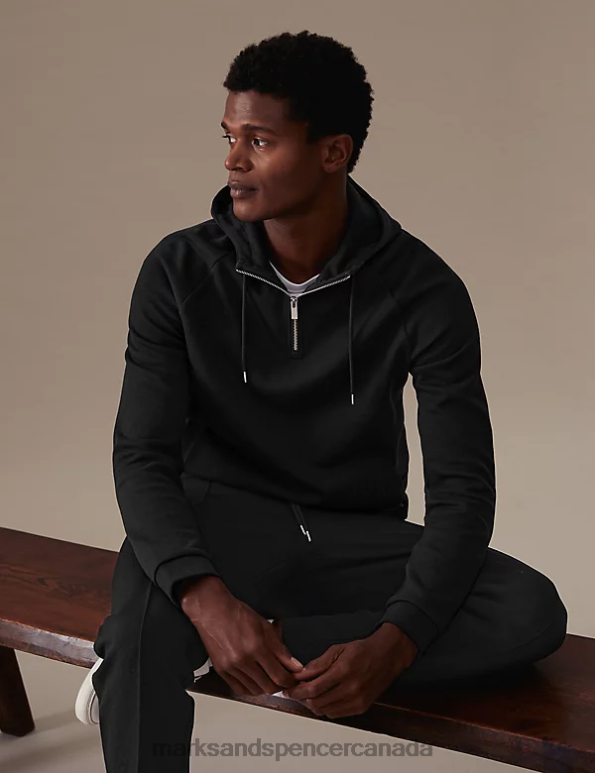 Men Black Clothing Marks & Spencer Cotton Blend Half Zip Hoodie 20VTD7088 - Marks and Spencer Canada locations