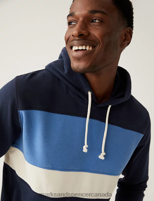 Marks and Spencer Canada - Men Dark Navy Clothing Marks & Spencer Pure Cotton Colour Block Hoodie 20VTD5729