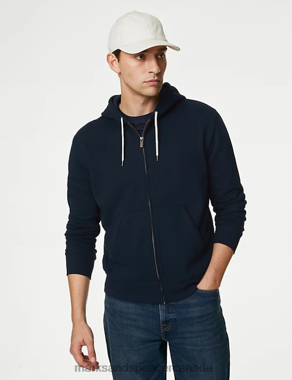 Men Dark Navy Clothing Marks & Spencer Pure Cotton Hoodie 20VTD7220 - Marks and Spencer outlet