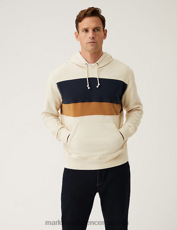 Marks and Spencer sale - Men Ecru Clothing Marks & Spencer Pure Cotton Colour Block Hoodie 20VTD5344