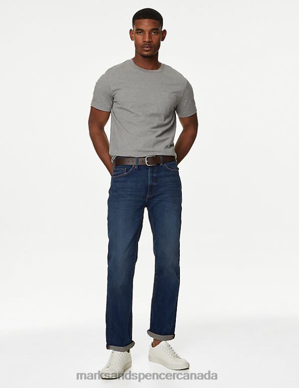 Marks and Spencer Canada - Men Indigo Clothing Marks & Spencer Straight Fit Belted Vintage Wash Jeans 20VTD5018